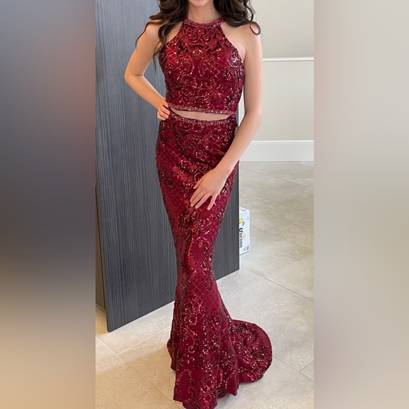 Morilee #45038, two piece sequin fit and flare in wine - Picture 3 of 5